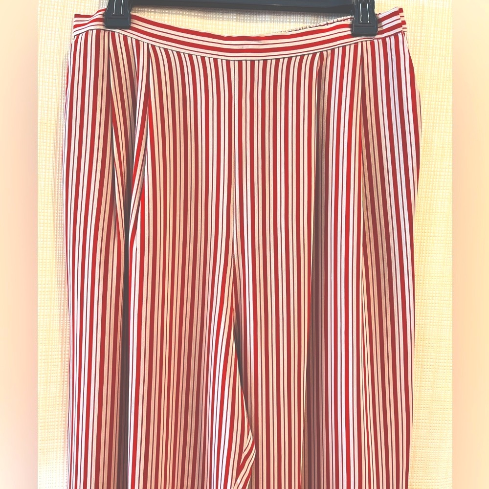 100% Silk Striped High Rise Relaxed Pants Red and Tan Vintage 90s Minimalist - Picture 4 of 16
